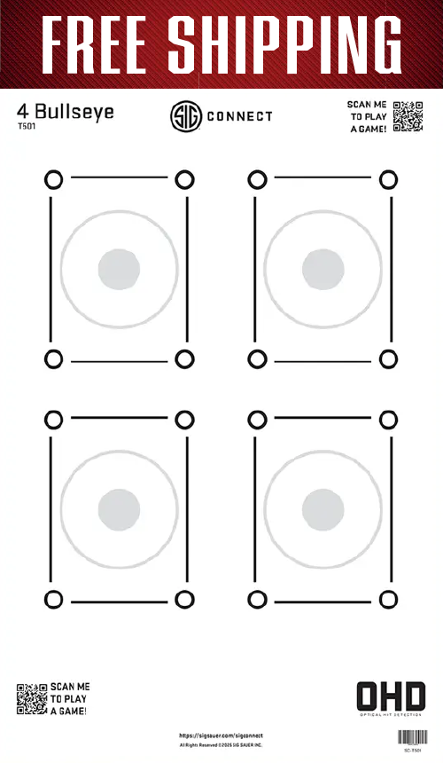 4 Bullseye OHD target T501 with four faint bullseyes and corner registration dots, free shipping banner