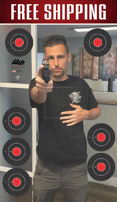 Free Shipping banner above a photo target of a man aiming a pistol indoors, surrounded by eight black and red bullseyes
