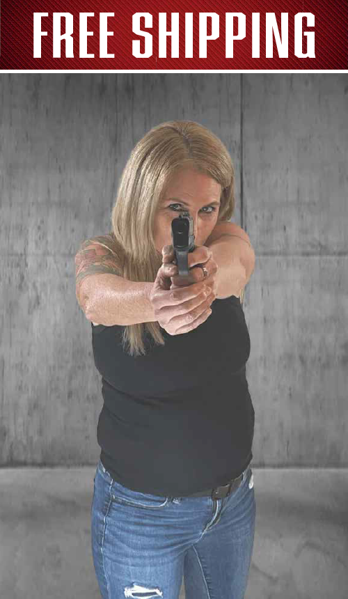 Free Shipping banner above a photo of a blonde woman in a black tank top aiming a handgun straight at the camera