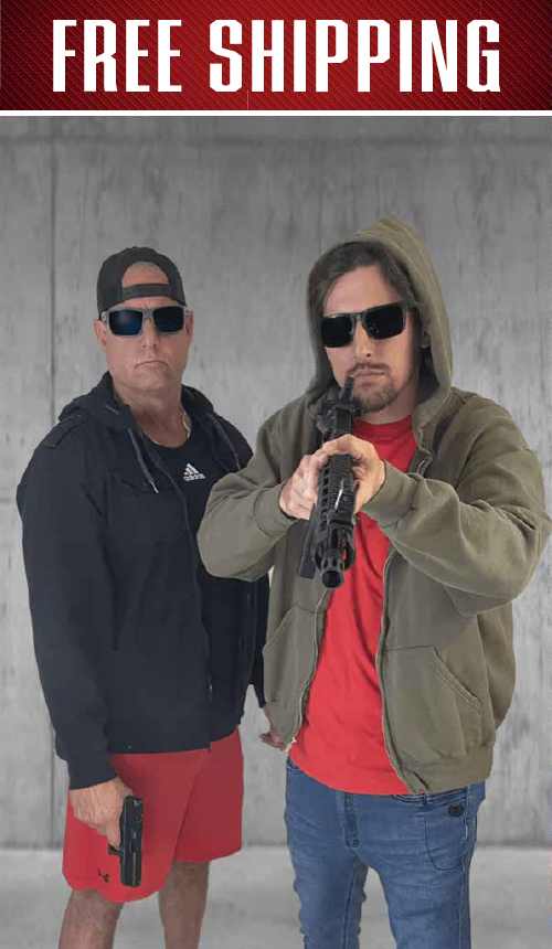Situational target artwork of two armed men in sunglasses, one aiming a shotgun, with free shipping banner