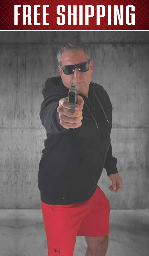 Male criminal situational target with Free Shipping banner, man in sunglasses and black hoodie aiming a pistol