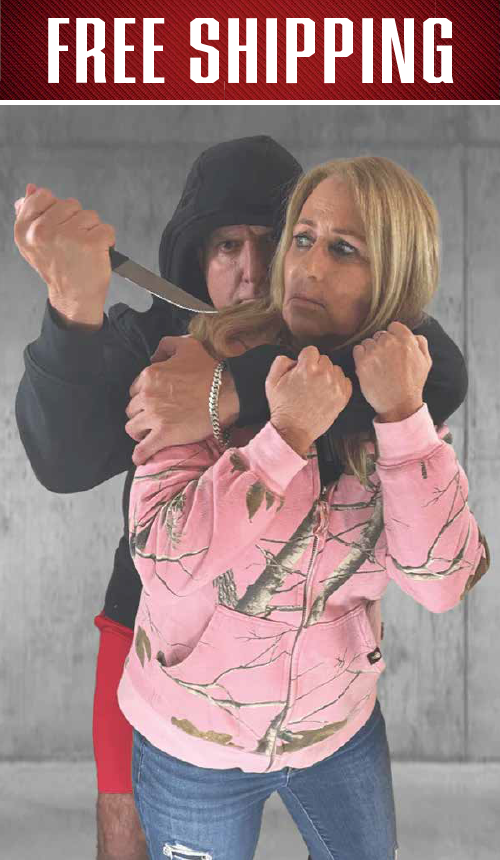Knife hostage situational paper target under a red Free Shipping banner, hooded attacker holding a blade to a woman's throat