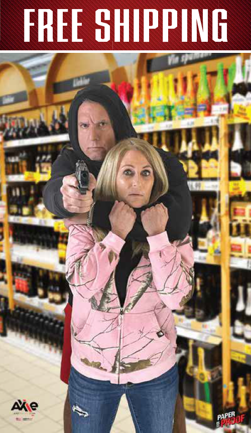 Liquor store hostage situational target with Free Shipping banner, hooded gunman aiming a pistol past a woman he restrains