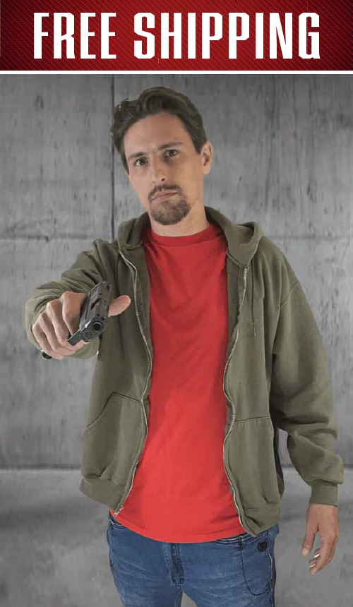 Hoodie criminal situational target under a Free Shipping banner, man in an olive hoodie aiming a pistol at the shooter