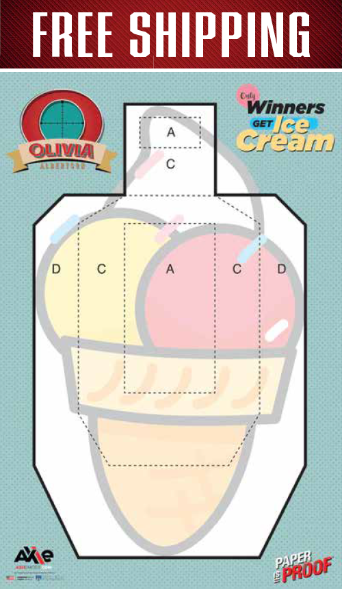 @livieliveshot ice cream cone paper target with lettered scoring zones and a red free shipping banner