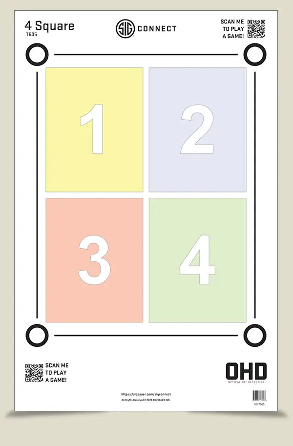 SIG Connect 4 Square OHD paper target, four pastel squares numbered 1 to 4 with scan-to-play QR codes