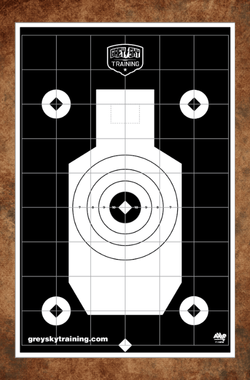 Grey Sky Training black and white paper target with silhouette, concentric scoring rings and grid overlay