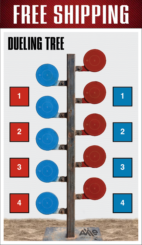 FREE SHIPPING banner above a Dueling Tree paper target printing blue and red steel plates on a center post