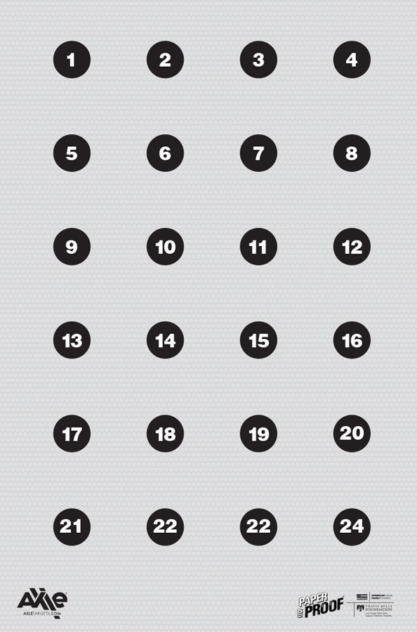 2 inch dot drill paper target with 24 numbered black circles in four columns on a light gray sheet