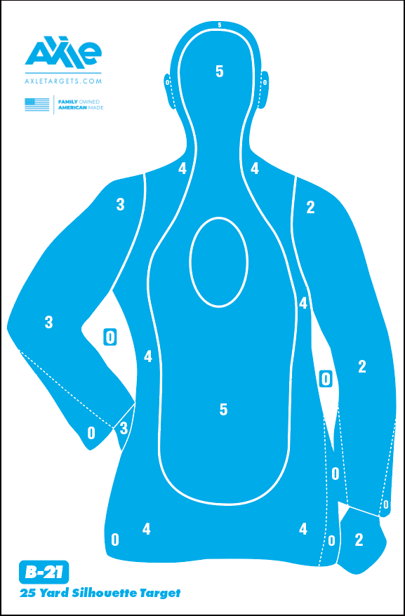 Cyan blue B-21 25 Yard Silhouette paper target with white outlined 5, 4, 3, 2 and 0 scoring zones