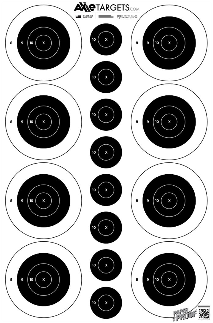 B8 Cluster paper shooting target with eight large black bullseyes numbered 8, 9, 10 and X plus small bullseyes