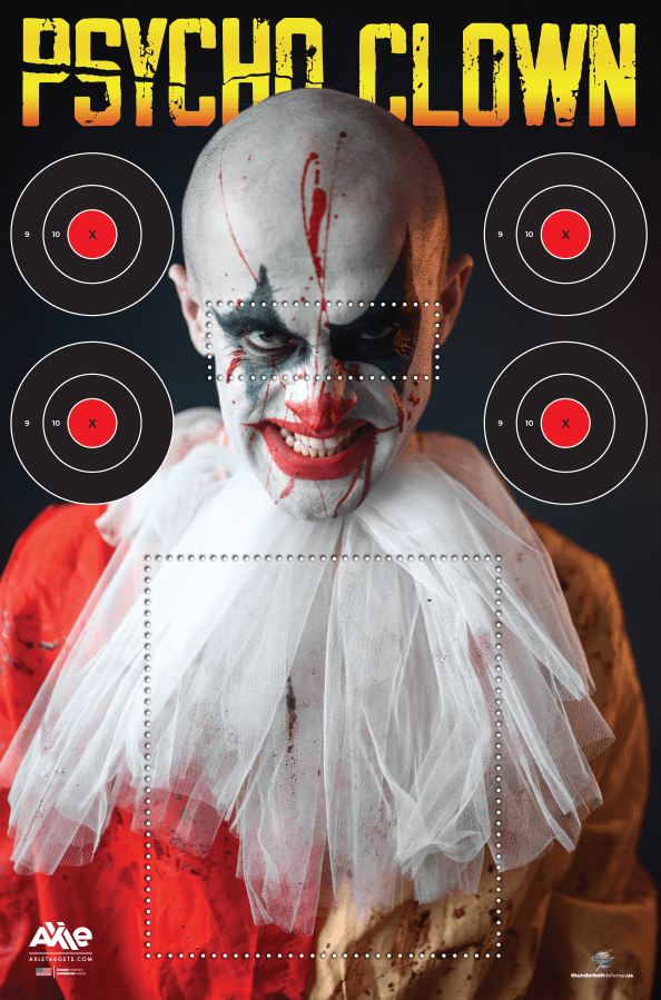 Psycho Clown photo target of a bloodied clown in a white ruff, with four red X bullseyes and dotted head and chest zones