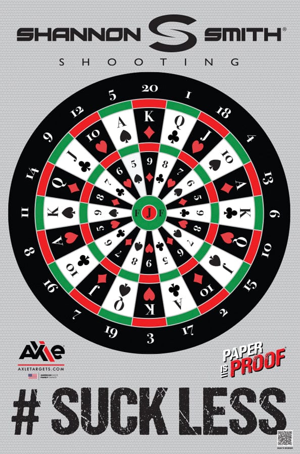 Shannon Smith Shooting Suck Less target printed as a red, green and black dartboard with playing card suits and numbers