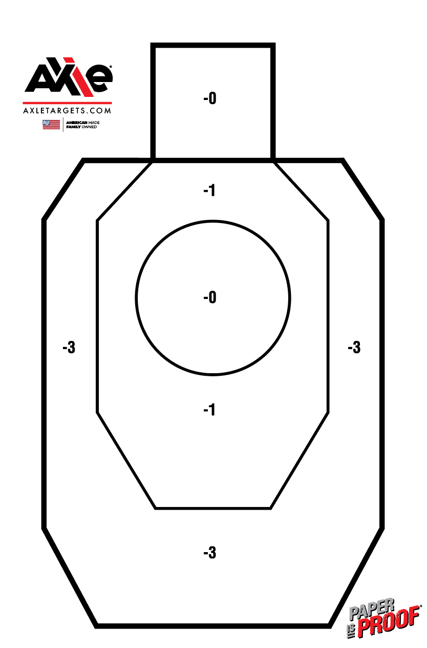 Black and white IDPA paper target outline with -0, -1 and -3 scoring zones and a circular head-height -0 area