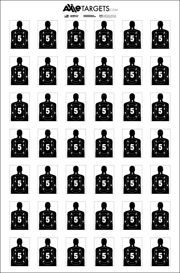 K-Duplicates paper shooting target sheet packed with 49 identical black silhouettes, each scored 5-4-3 around the chest
