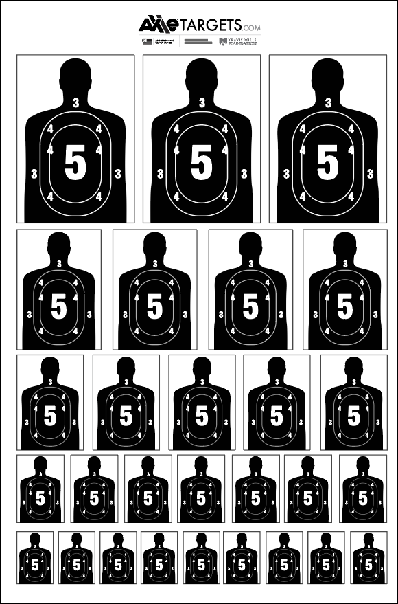 K-Reduction paper target sheet of black silhouettes in five shrinking sizes, each with 5-4-3 scoring rings