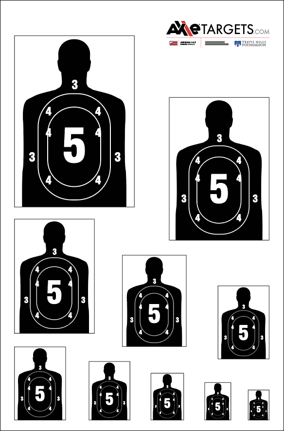 K-Sequence paper shooting target with black silhouettes arranged largest to smallest, each ringed with 5, 4 and 3 point zones