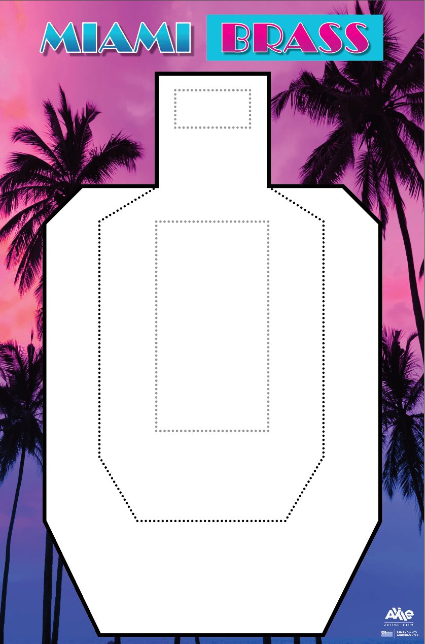 Miami Brass paper shooting target, white silhouette with dotted scoring zones against a pink and purple palm tree sunset