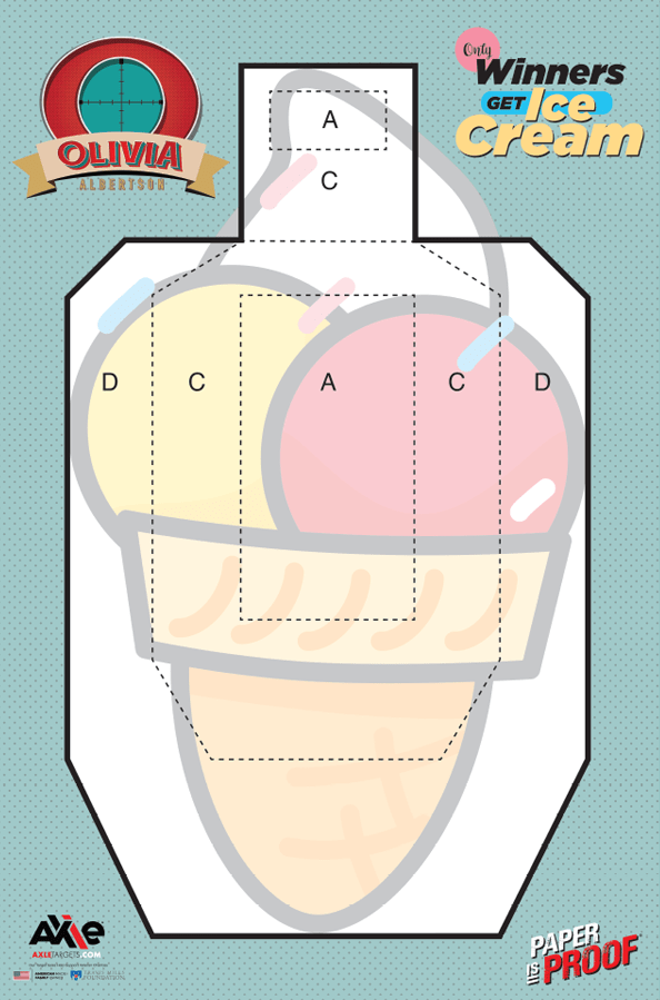 Ice cream cone target on teal polka dots reading Only Winners Get Ice Cream with A, C and D zones