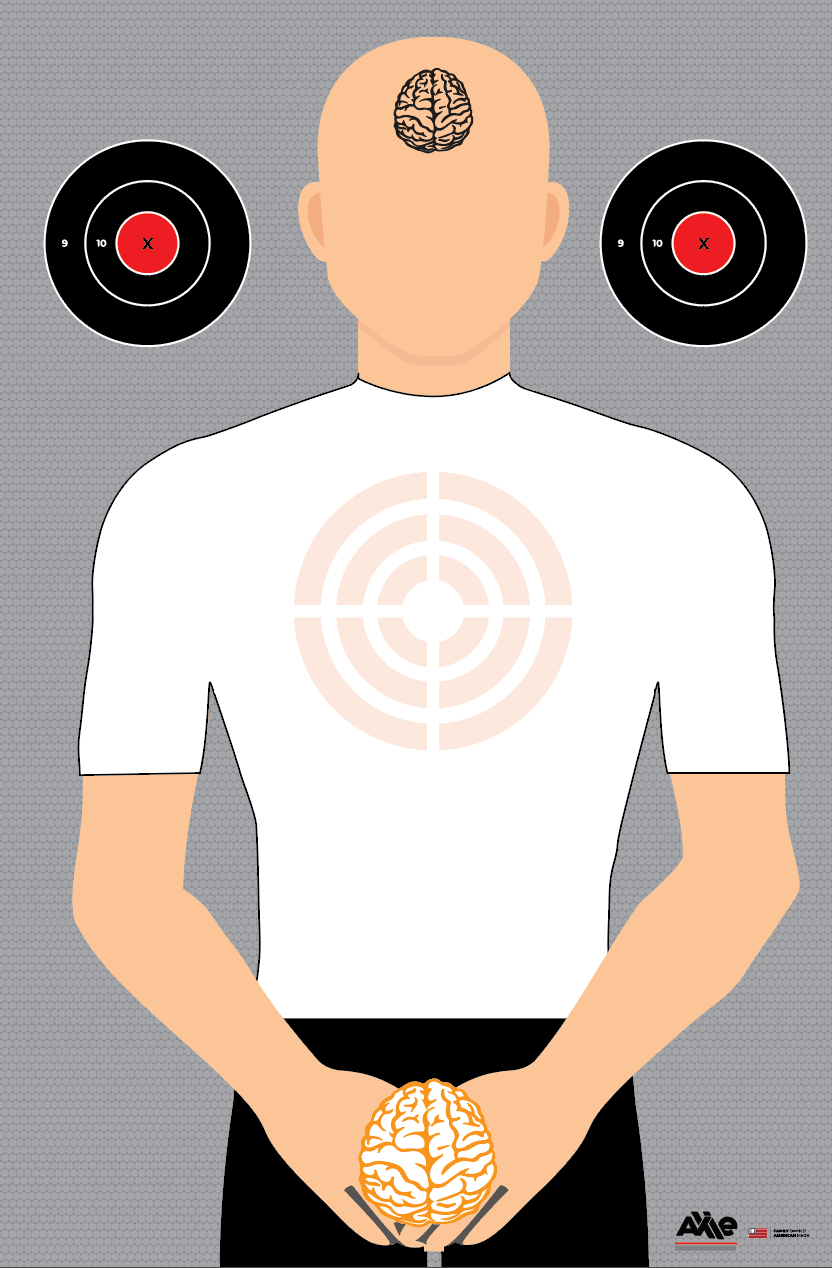 Cartoon silhouette target with an exposed brain on the head, faded white shirt bullseye and two black head bullseyes