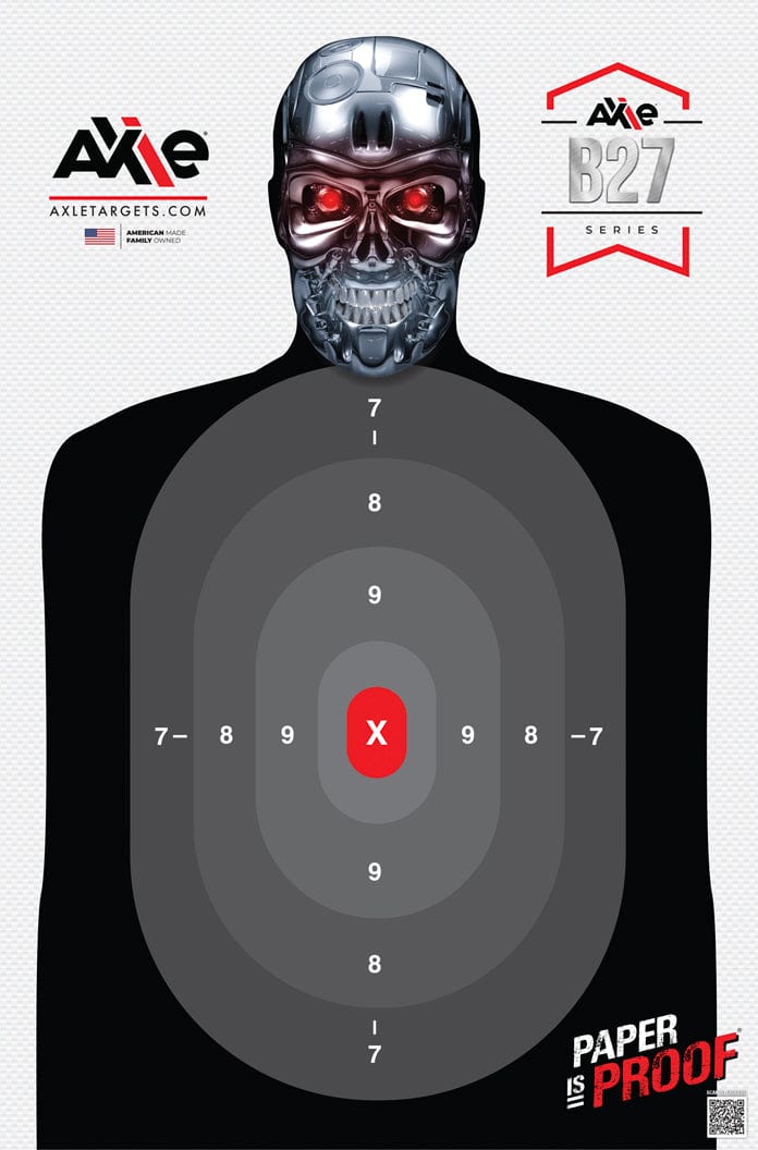 Full color Terminator paper shooting target showing a chrome robotic skull with red eyes over a black B27 silhouette