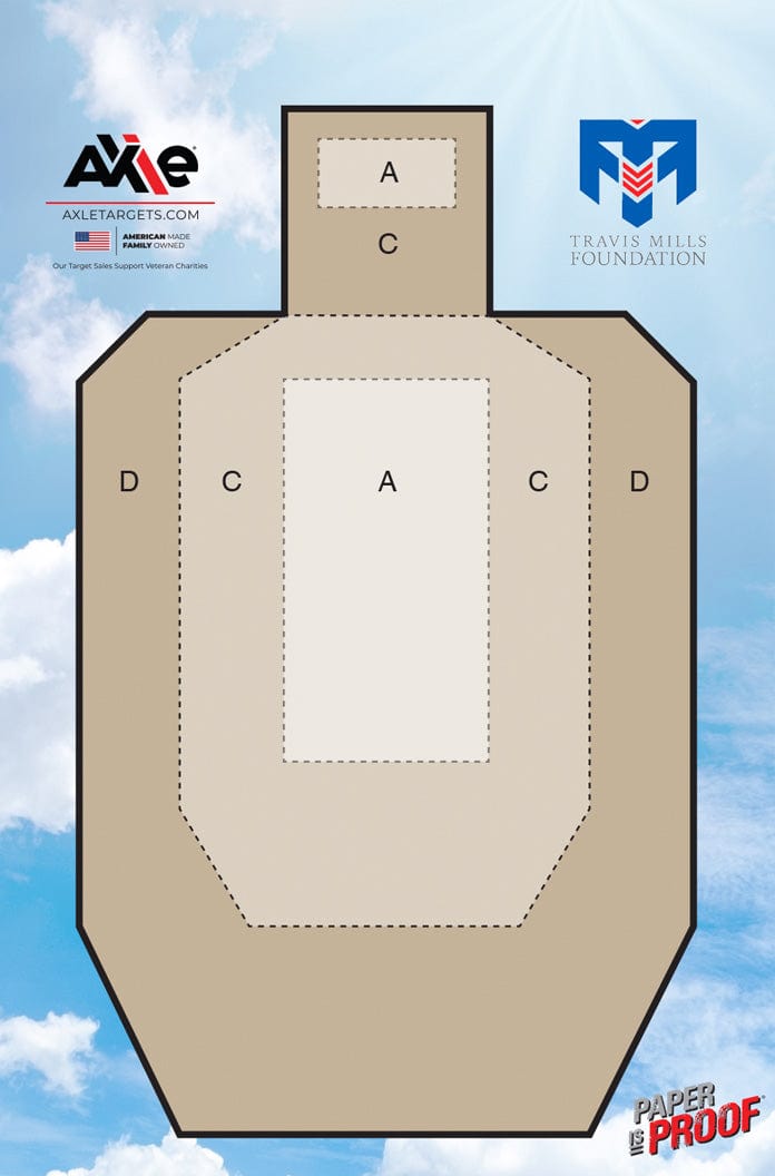 Travis Mills Foundation IPSC-style paper target in tan with dashed A, C and D scoring zones on a blue sky background