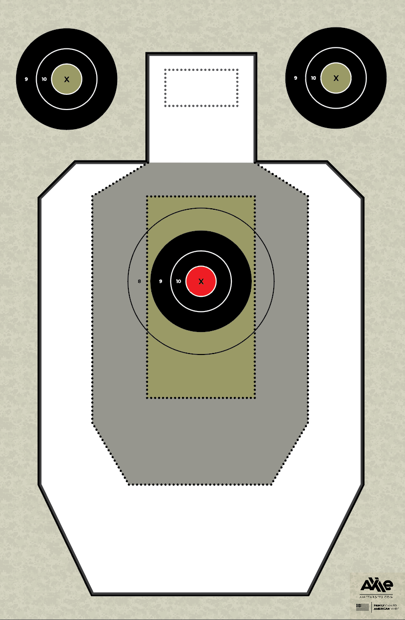 USPSA-style paper target on olive camo background with black bullseye rings, red X center and two head circles
