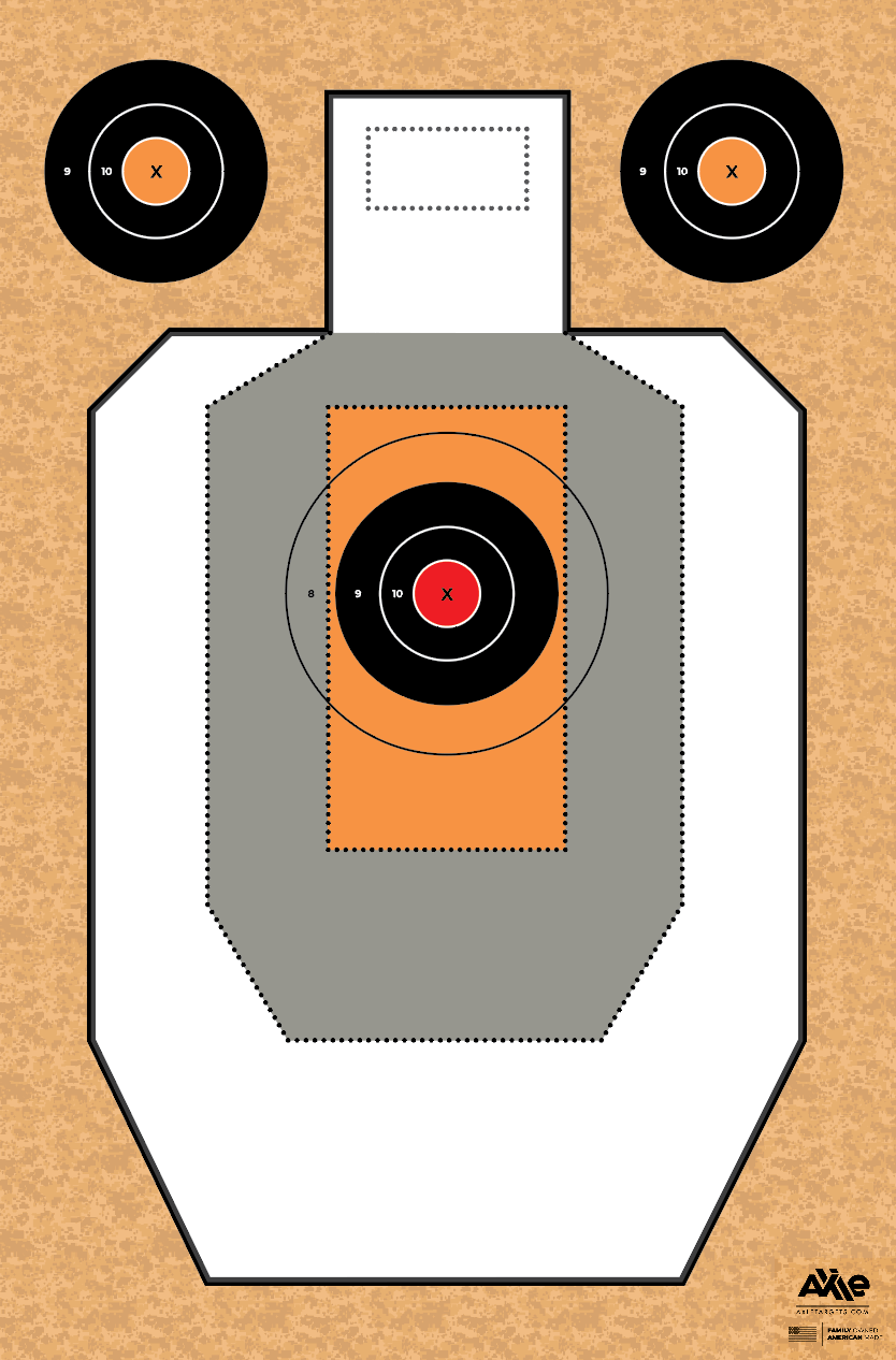 USPSA silhouette target on an orange camouflage background with black and orange bullseyes and a red X center ring