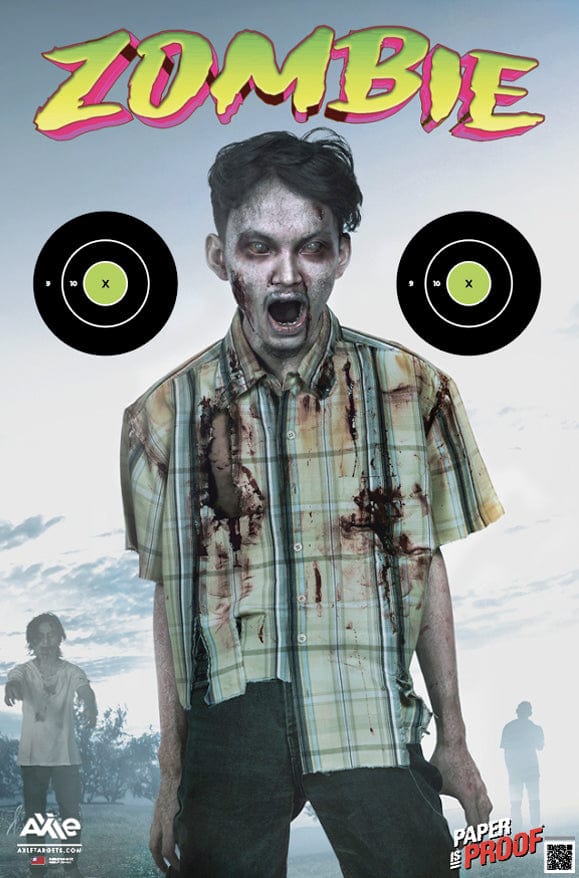 Full-color Zombie paper shooting target with a bloodied snarling zombie, green X bullseyes and ZOMBIE headline