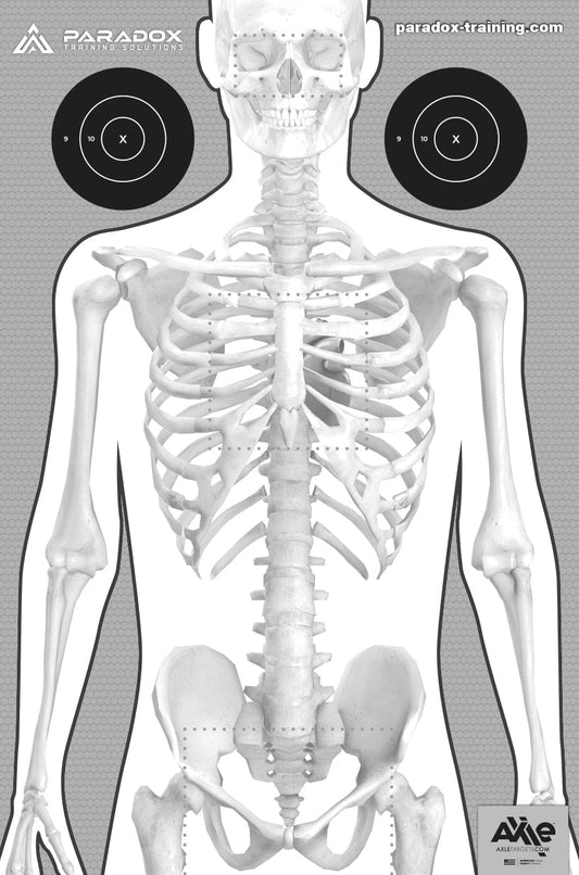 Human skeleton shooting target with aiming points