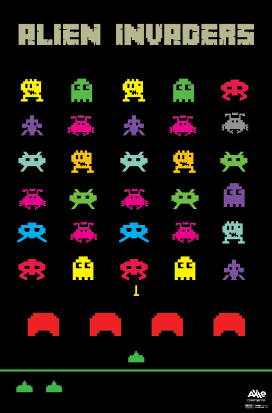 Alien Invaders retro pixelated game scene